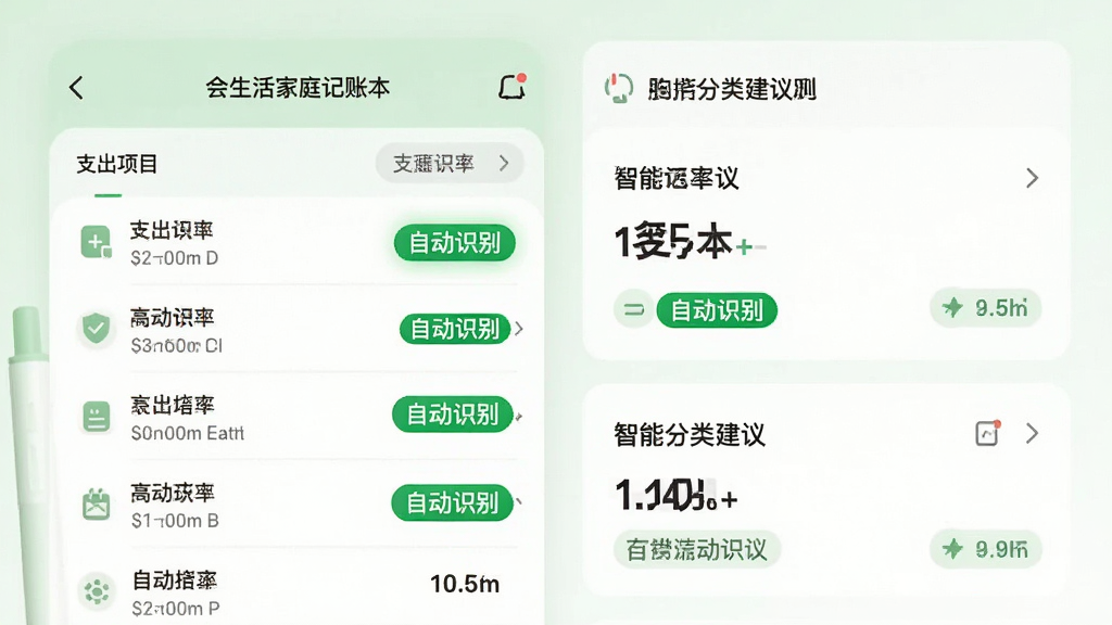 主体为“会生活家庭记账本”App的记账页面截图风格展示,左侧是支出项目列表,右侧是智能分类建议卡片。布局采用左右分栏,排版清晰,风格简洁商务,细节突出自动识别标签的绿色高亮,画质干净无多余元素,整体以白色和淡绿色为主色调。
