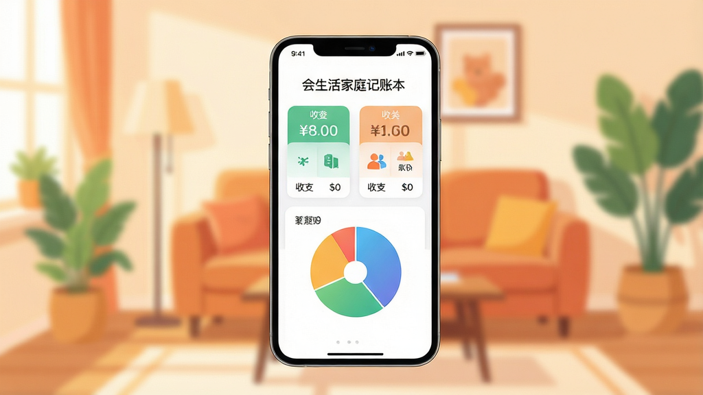 画面主体为一部智能手机悬浮在温馨的家庭客厅背景中,手机屏幕显示“会生活家庭记账本”App界面,界面有清晰的收支分类图标和彩色饼图统计。布局采用手机居中、背景虚化处理,排版简洁大方,风格为现代扁平化插画风,细节包括屏幕上的数字和图表清晰可辨,画质高清干净,无多余元素,整体色调温暖明亮。