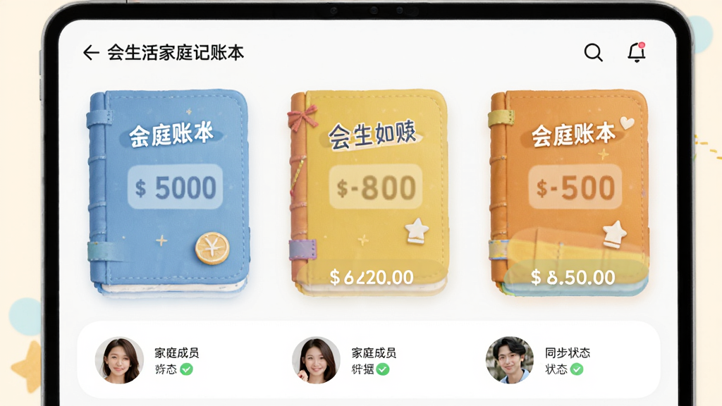 主体为“会生活家庭记账本”的多账本管理界面,上方是多个彩色账本封面卡片,下方是家庭成员的头像和同步状态标记。布局采用卡片式堆叠,排版活泼,风格清新浅色系,细节包括每个账本的余额数字,画质清晰干净,整体传递出家庭协作的温馨感。