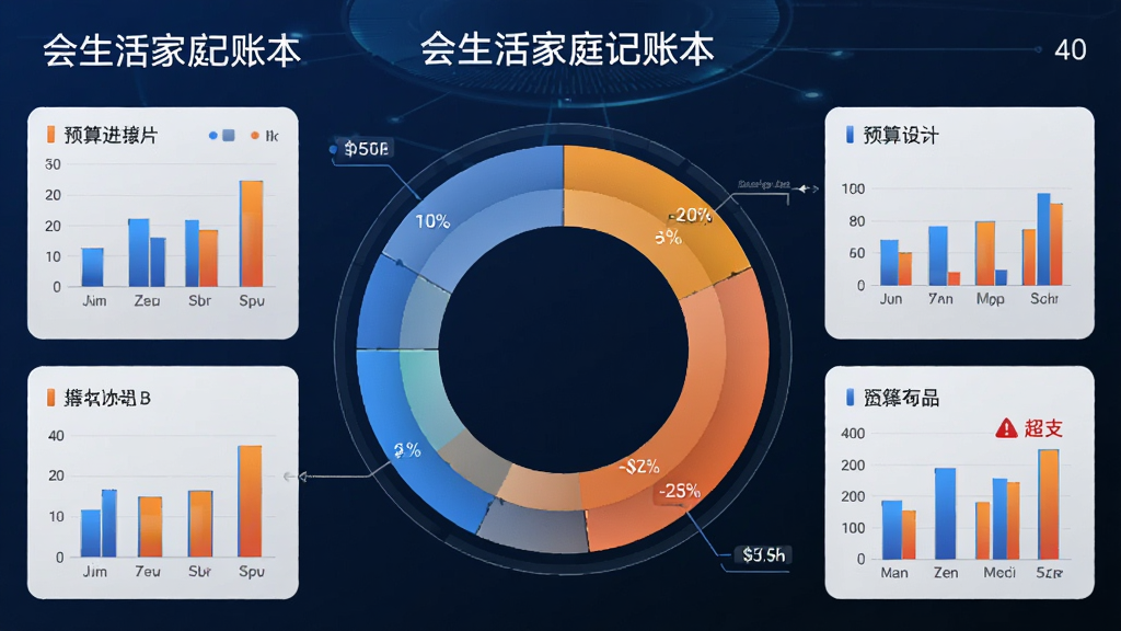 主体为“会生活家庭记账本”的报表页面,中央是一个大型的彩色环形图,周围环绕着几个小柱状图和数据标签。布局以图表为核心,排版科学,风格商务科技感,细节突出预算进度条和超支警告标志,画质高清干净,整体色调为蓝色和橙色搭配。