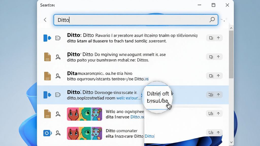 主体:Ditto软件的“历史记录”功能界面截图,展示一个长列表,其中包含不同类型的剪贴内容,如文本段落、文件图标、彩色图片缩略图。布局:截图居中展示,界面顶部有搜索框,下方为可滚动的记录列表,列表每行左侧为类型图标,右侧为内容预览。排版:列表采用单列纵向排列,行间距适中,内容清晰易读,搜索框高亮显示。风格:干净整洁的列表风格,图标设计简洁,文字清晰,整体色彩以白、浅灰、蓝色为主,符合Windows 11设计语言。细节:搜索框中输入了“Ditto”字样,列表中有高亮匹配的记录,鼠标悬停在一条图片记录上显示放大预览。画质:高分辨率,界面细节丰富,无多余元素,画面干净。