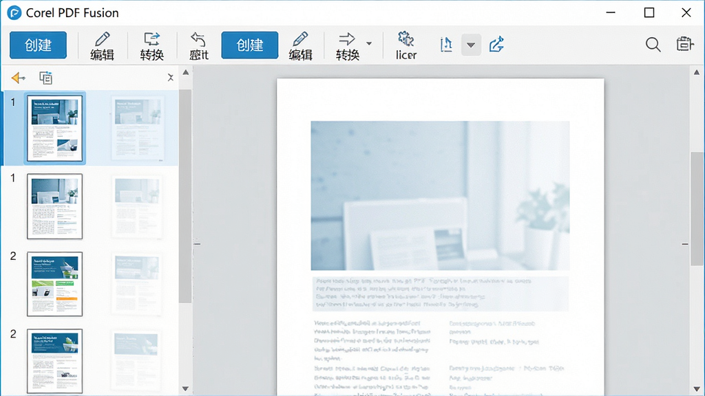 一张展示Corel PDF Fusion软件主界面的高清截图,界面布局清晰,左侧为页面缩略图列表,右侧为文档编辑区域,顶部工具栏包含“创建”、“编辑”、“转换”等按钮,整体风格现代简约,色调以蓝白为主,画质清晰干净,无多余元素。