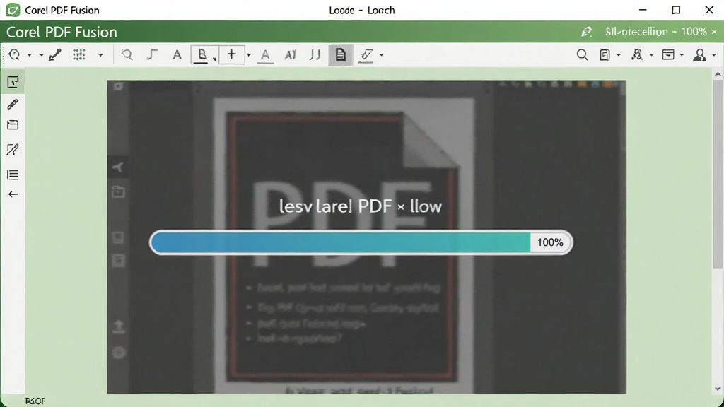 一张展示Corel PDF Fusion软件运行流畅的截图,画面中一个大型PDF文件正在快速加载,进度条显示100%,软件界面响应迅速,背景为淡绿色,整体风格清新,画质清晰,干净无多余元素。