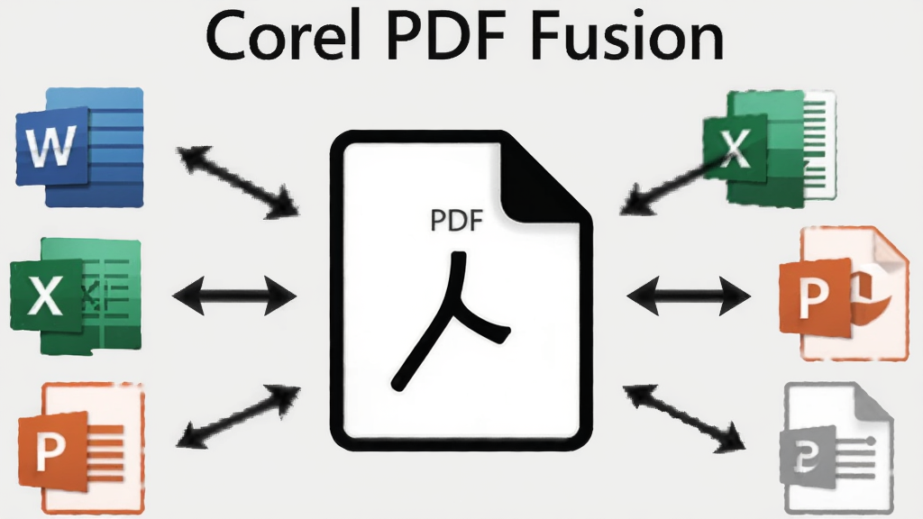 一张展示Corel PDF Fusion软件格式转换功能的示意图,画面中央显示一个PDF文件图标,周围环绕着Word、Excel、PPT等文件格式图标,箭头表示相互转换的方向,背景为浅灰色,整体风格简洁明了,画质清晰,干净无多余元素。