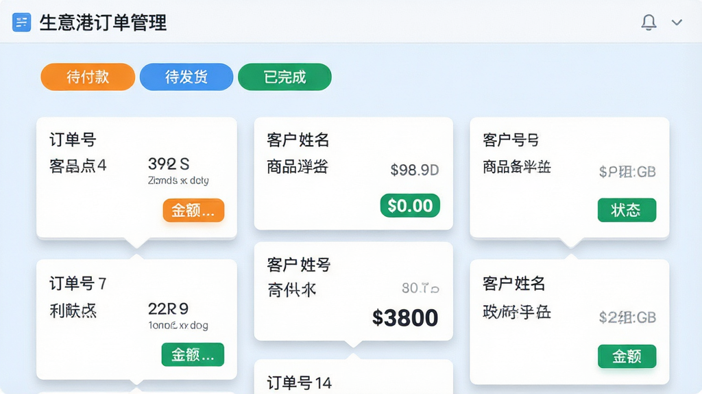 ���壺����۶�������ҳ�棬չʾ��ͬ״̬�Ķ�����Ƭ�������֣�����Ϊ����״̬ɸѡ��ǩ�������������������ɣ����·�Ϊ������Ƭ�ٲ������Ű棺ÿ�ſ�Ƭ��ʾ�����š��ͻ���������ƷժҪ������״̬��ť����񣺼����Ϣ����񣬱�����������Ƭ��ɫ����Ӱ��ϸ�ڣ�״̬��ǩ��ɫ���֣���ɫ�������ɫ����������ɫ����ɣ������Ӵ���ʾ�����ʣ�����ϸ�壬�ɾ��޶���Ԫ�ء�