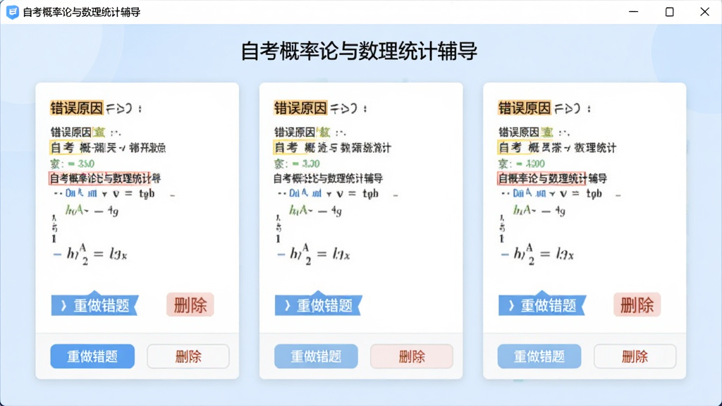 展示“自考概率论与数理统计辅导”软件错题本界面的图片,界面以卡片形式展示错题,每张卡片上标注错误原因标签,底部有“重做错题”和“删除”按钮,背景为浅蓝色,风格清新简洁,画质清晰,干净无多余元素