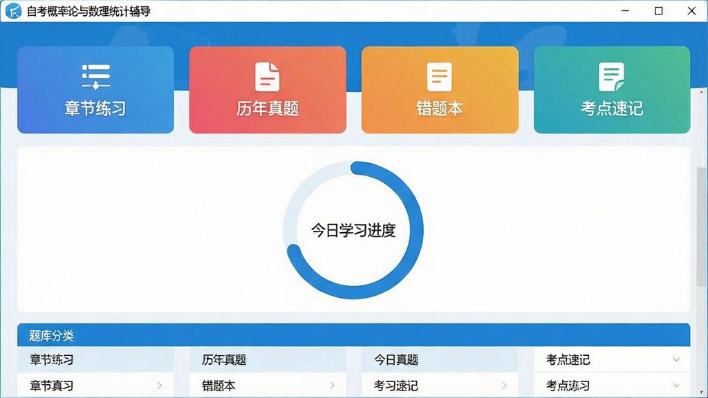 一张展示“自考概率论与数理统计辅导”软件主界面的高清截图,界面顶部显示“章节练习”、“历年真题”、“错题本”、“考点速记”四个彩色功能卡片,中部是今日学习进度环形图,底部为题库分类列表,整体布局简洁明快,采用蓝白配色,扁平化设计风格,画质清晰,干净无多余元素