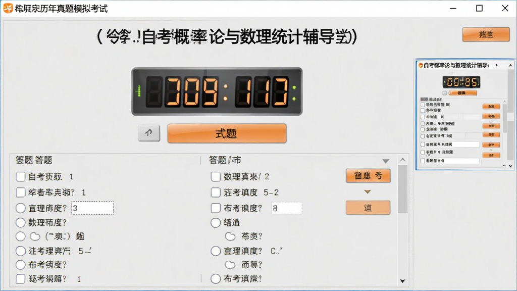 展示“自考概率论与数理统计辅导”软件历年真题模拟考试界面的图片,屏幕中央是倒计时时钟,下方是选择题答题区域,右侧有答题卡缩略图,整体风格严肃正式,背景为浅灰色,按钮为橙色,画质清晰,干净无多余元素
