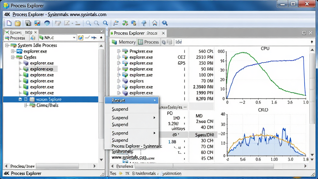 主体:Process Explorer 软件界面预览图,屏幕上清晰显示“Process Explorer”主窗口。布局:界面采用经典Windows风格,上方为菜单栏和工具栏,下方为两个并排的列表窗格,左侧是进程树,右侧是选中进程的详细信息与性能图表。排版:窗格内文字清晰,进程列表按树状结构排列,右侧展示CPU、内存使用率曲线图。风格:专业、严谨、高分辨率,具有科技感。细节:界面中突出显示某个进程的右键菜单,包含“Restart”、“Suspend”等选项,同时在进程列表中能看到“System Idle Process”、“explorer.exe”等典型进程名,文字标签为“Process Explorer - Sysinternals: www.sysinternals.com”。画质:4K超清,画面锐利,干净,无多余元素。