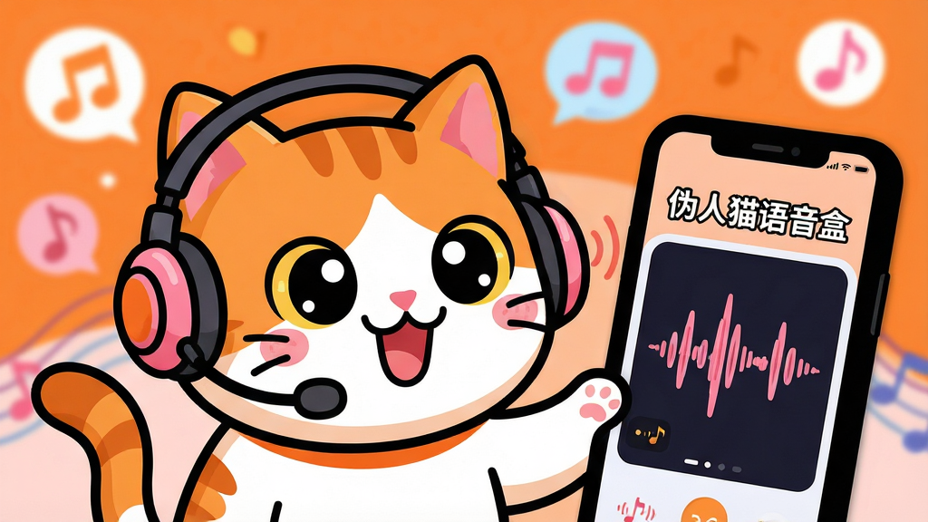 主体:一只可爱的卡通猫咪戴着耳机,对着手机屏幕开心地说话,屏幕上有“伪人猫语音盒”字样和音波特效。布局:猫咪位于画面中央偏左,手机屏幕在右侧展示应用界面,背景有音符和气泡点缀。排版:主体突出,层次分明,前景猫咪清晰,背景虚化。风格:扁平化卡通插画风格,色彩明快,高饱和度的橙色和粉色为主色调。细节:猫咪表情生动,眼睛大而有神,耳机带有麦克风,屏幕上显示波形图。画质:高清,干净,无多余元素。