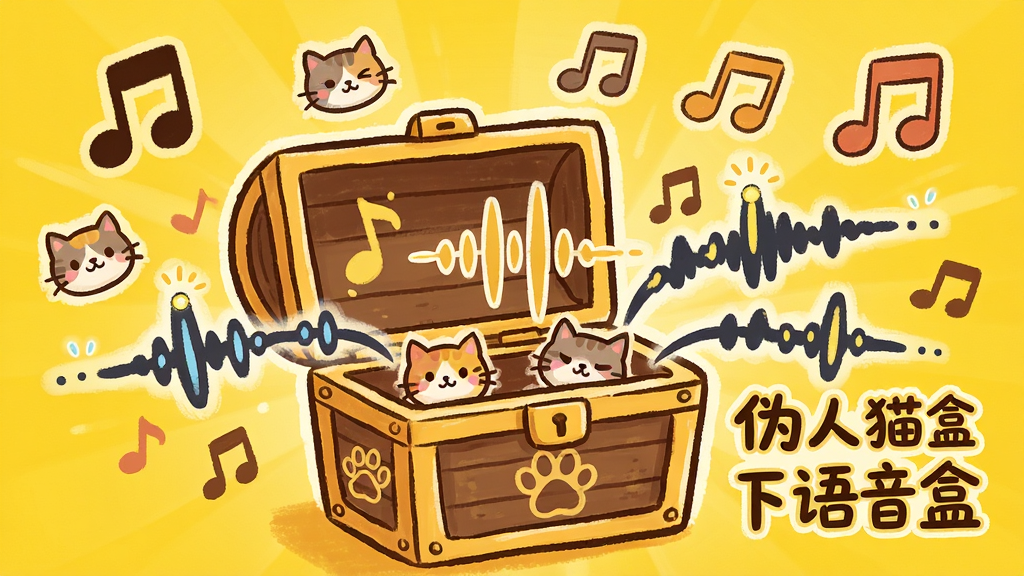 主体:一个打开的宝箱,里面冒出许多带有猫咪图案的音符和声音波形,旁边有“伪人猫语音盒”字样。布局:宝箱位于画面中心,音符和波形向四周散发,背景是明亮的黄色。排版:元素分布均匀,突出宝箱主体,音符大小错落有致。风格:手绘卡通风格,线条圆润,色彩温暖。细节:宝箱上有猫爪印,音符上带有小猫咪的表情,波形图上有跳动的亮点。画质:高清,干净,无多余元素。