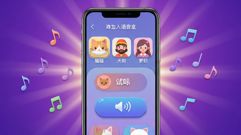主体:手机屏幕显示伪人猫语音盒的变声界面,有多个音色选项图标,如猫咪、大叔、萝莉等,中间一个大的试听按钮。布局:手机位于画面中央,屏幕内容清晰展示,周围有放射状的光效和飘动的音符。排版:界面元素整齐排列,图标大小一致,色彩鲜艳。风格:拟物化与扁平化结合,科技感与萌系风格融合,背景为渐变紫色。细节:每个音色图标都有对应的小动物或人物头像,试听按钮带有音量波动动画。画质:高清,干净,无多余元素。