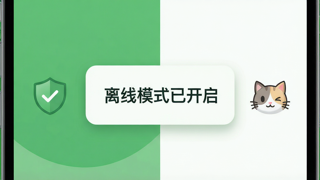 主体:一个手机界面显示“离线模式已开启”的提示,旁边有一个盾牌图标和一个猫咪头像,背景是简洁的绿色和白色。布局:提示框居中,图标在两侧对称排布,整体简洁明了。排版:文字清晰,图标大小适中,视觉重心稳定。风格:极简主义,色彩清爽,绿色代表安全。细节:盾牌上有对勾,猫咪头像眨眼,提示框有圆角阴影。画质:高清,干净,无多余元素。