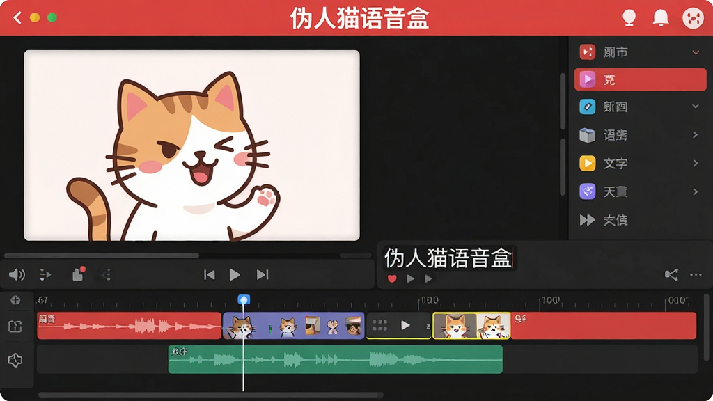 主体:一个视频编辑界面,画布上有一只卡通猫咪在说话,下方有配音音轨和文字字幕输入框,界面顶部有“伪人猫语音盒”标识。布局:界面占据画面大部分,左侧为预览窗口,右侧为工具栏,底部为时间轴。排版:布局清晰,符合专业剪辑软件逻辑,但色彩更活泼。风格:扁平化UI设计,红白配色,功能图标简洁易懂。细节:时间轴上有不同颜色的音频块和视频块,猫咪说话时有口型动画。画质:高清,干净,无多余元素。