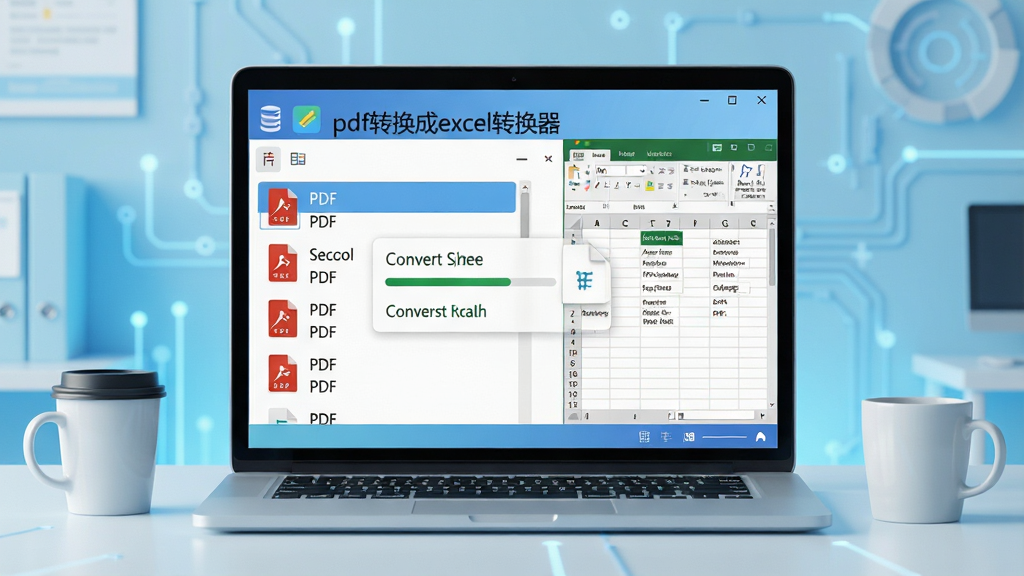 主体:一款名为“pdf转换成excel转换器”的软件界面,屏幕上展示着PDF文件转换为Excel表格的过程,背景为浅蓝色科技感办公场景,桌面上有笔记本电脑和咖啡杯;布局:居中构图,软件窗口占据画面主体,左侧为PDF文件列表,右侧为转换后的Excel表格预览;排版:简洁清晰,图标和文字说明分布均匀;风格:现代扁平化设计,色彩明亮;细节:转换进度条正在加载,文件名称清晰可见;画质:高清,干净,无多余元素。