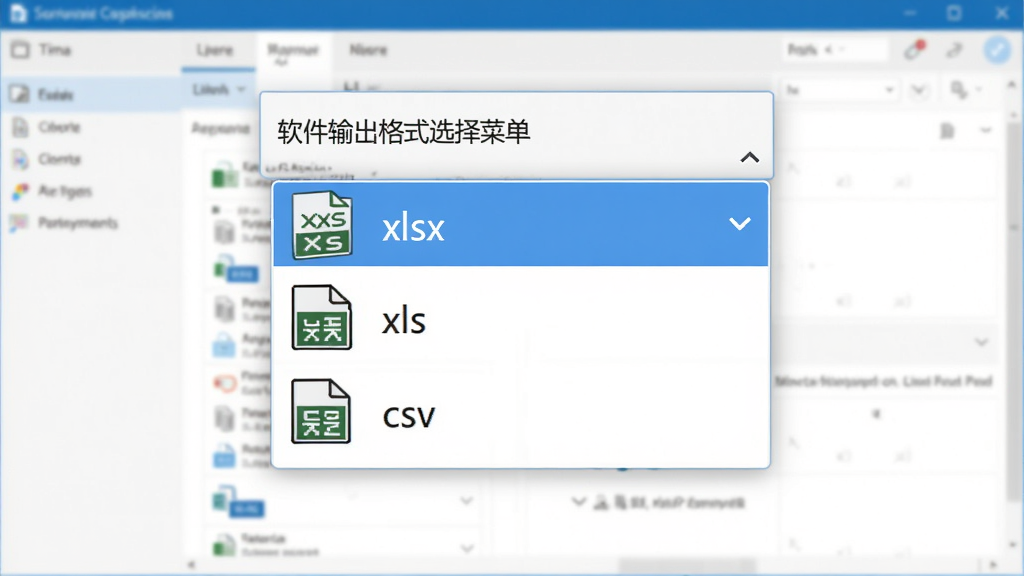 主体:软件输出格式选择菜单,下拉列表显示xlsx、xls、csv等格式选项,背景为软件主界面;布局:居中构图,菜单突出显示;排版:清晰展示格式选项,带有图标;风格:简洁实用风格;细节:格式名称旁有对应图标;画质:高清,干净。