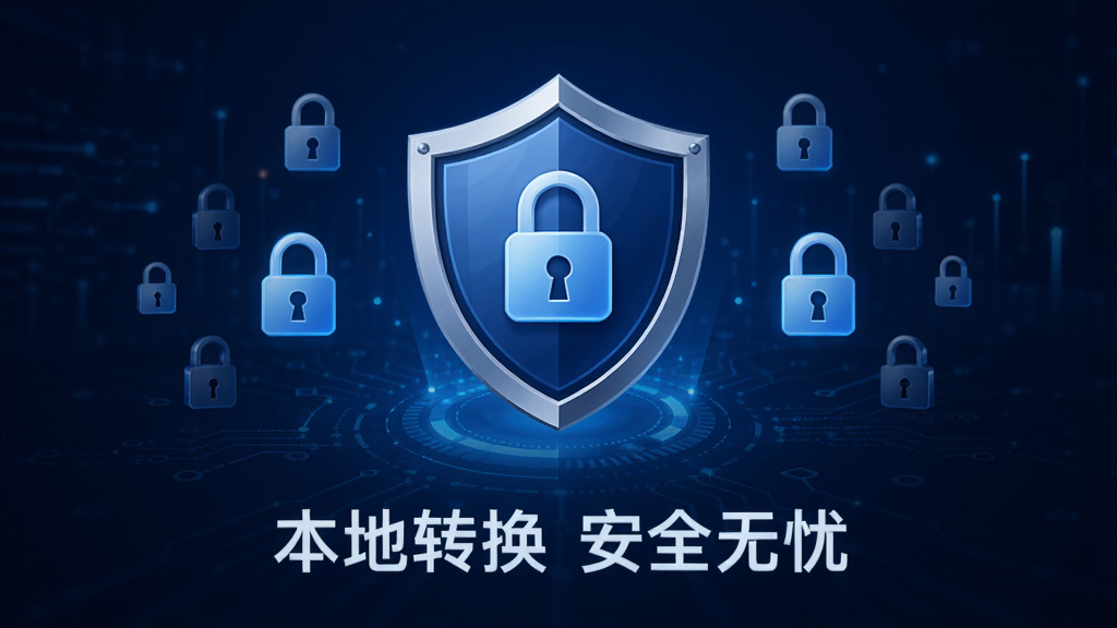 主体:一个盾牌图标位于软件界面中央,周围有锁头图案,背景为深蓝色科技感背景,下方有“本地转换 安全无忧”字样;布局:居中对称构图;排版:简洁大方,突出安全主题;风格:安全科技风格;细节:盾牌和锁头图标清晰;画质:高清,干净。