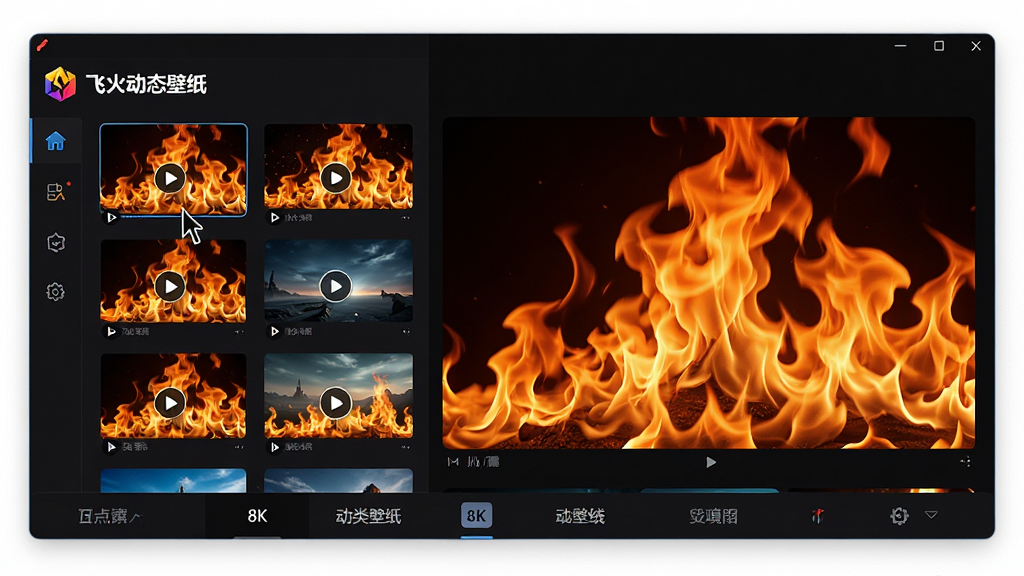 主体:一款名为“飞火动态壁纸”的电脑软件界面展示,屏幕中央是一幅燃烧着火焰的炫酷动态壁纸。布局:软件主界面在画面中央偏左,右侧为壁纸预览大图,底部是分类标签栏。排版:界面采用深色主题,图标排列整齐,壁纸预览图清晰醒目。风格:科技感、现代感,色彩对比强烈,火焰特效逼真。细节:界面左上角显示软件Logo和“飞火动态壁纸”字样,壁纸缩略图带有播放图标,鼠标指针悬停在某一壁纸上。画质:8K超高清,细节丰富,光影效果出色,干净无多余元素。