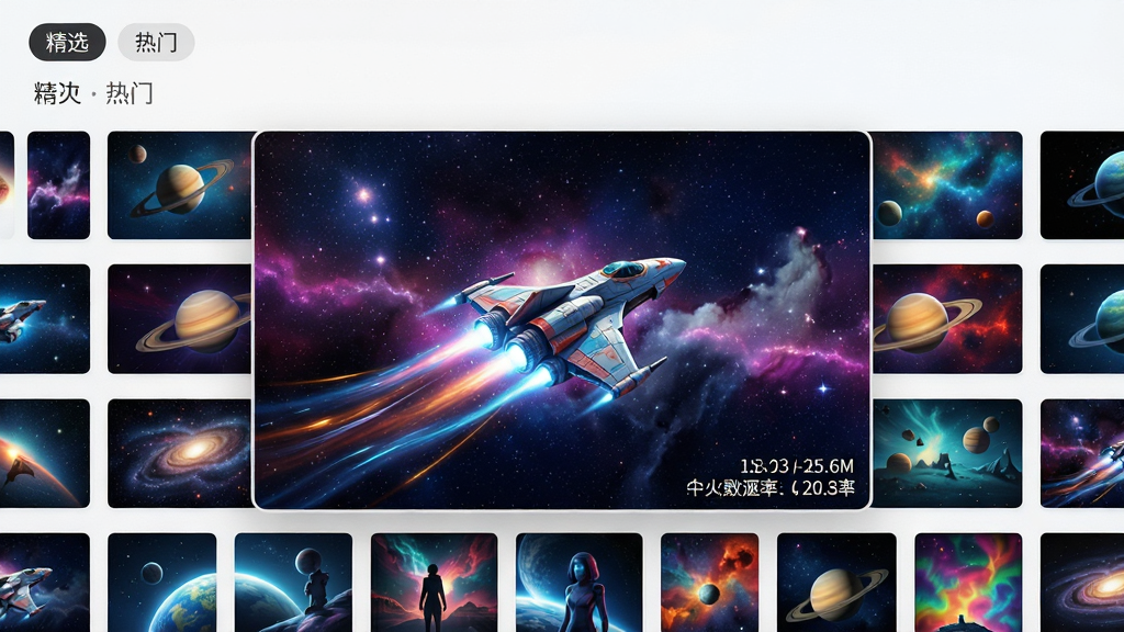 主体:飞火动态壁纸软件的资源库界面,以网格形式展示大量动态壁纸缩略图。布局:图片墙填满整个画面,中央一块壁纸被放大突出显示,展示其动态效果。排版:缩略图大小统一,排列整齐,左上角有“精选”和“热门”标签。风格:界面清新明亮,缩略图色彩丰富,具有强烈的视觉吸引力。细节:突出显示的壁纸是一艘在星空宇宙中飞行的飞船,带有流光特效,图片右下角显示文件大小和分辨率。画质:高清细腻,色彩饱和度高,画面干净无多余UI元素。