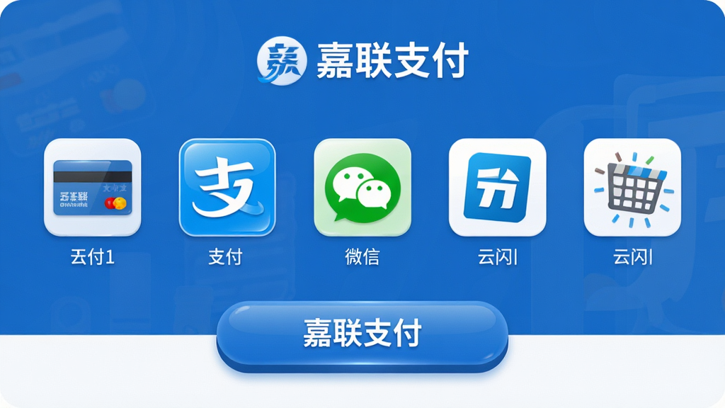 主体:嘉联支付APP的聚合收款界面,展示多种支付方式图标,包括银行卡、支付宝、微信支付、云闪付等,并伴有“嘉联支付”品牌标识;布局:界面扁平化设计,图标横向排列,底部有收款按钮;排版:功能分区明确,信息层级清晰;风格:清爽商务风,蓝色主调;细节:每个支付图标带有光泽质感,按钮有立体效果;画质:高清,干净,无多余元素。