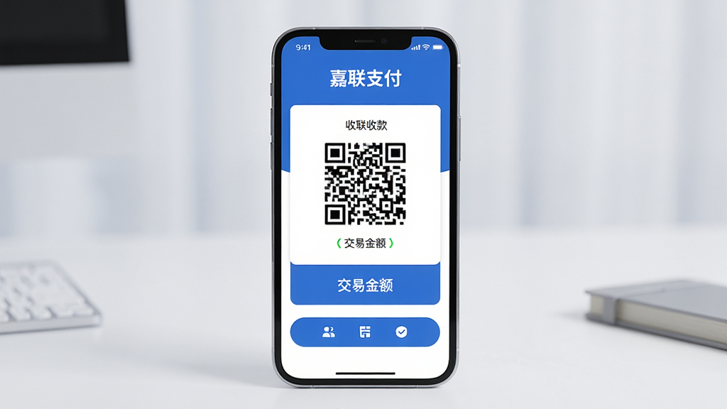 主体:嘉联支付APP界面展示,手机屏幕中清晰显示“嘉联支付”字样,界面包含收款二维码、交易金额、功能按钮等元素;布局:手机居中,屏幕内容完整可见,周围留白;排版:竖版手机与水平桌面形成对比,简洁大气;风格:现代商务科技感,配色以蓝色和白色为主;细节:屏幕内文字清晰可读,界面图标精致,光线柔和;画质:高清渲染,干净,无多余元素。