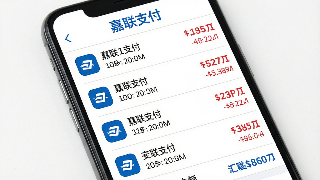 主体:手机屏幕上显示“嘉联支付”APP的交易明细列表,每笔交易包含金额、时间、支付方式,顶部有“嘉联支付”字样;布局:列表式布局,左侧为交易图标,右侧为详情;排版:清晰有序,金额用红色突出;风格:简洁商务风,白底蓝字;细节:列表有分割线,底部有汇总金额;画质:高清,干净,无多余元素。