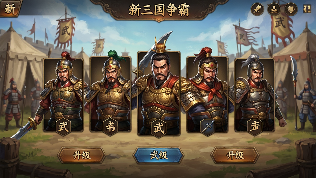 以“新三国争霸”武将养成界面为核心,画面展示几位三国名将的立绘,排列在界面中央,周围有装备、升级按钮,背景为古风军营,整体UI设计精美,布局清晰,风格为厚涂游戏原画,画质高清,细节丰富,干净无多余元素