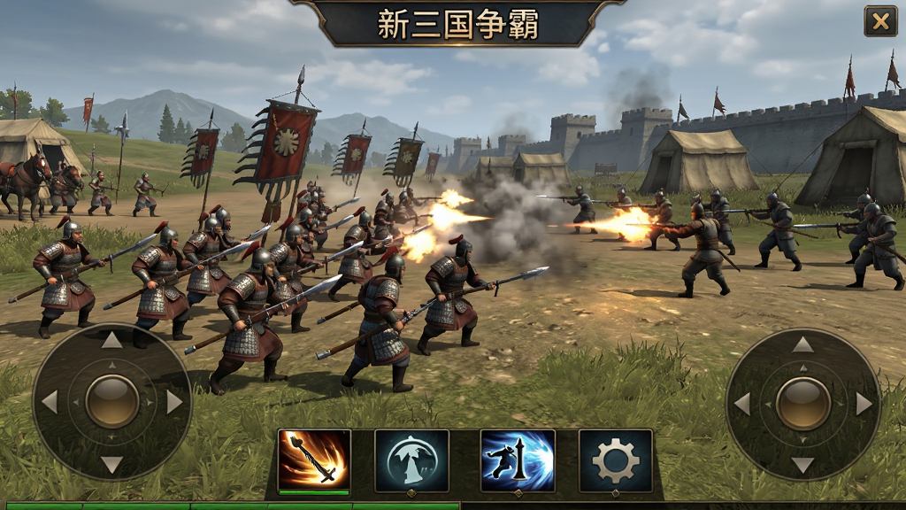 以“新三国争霸”游戏战斗画面为背景,展示一支军队在野外与敌军交战的场景,画面下方有技能按钮和操作摇杆,UI布局清晰,风格为写实游戏截图,画质高清,细节丰富,干净无多余元素