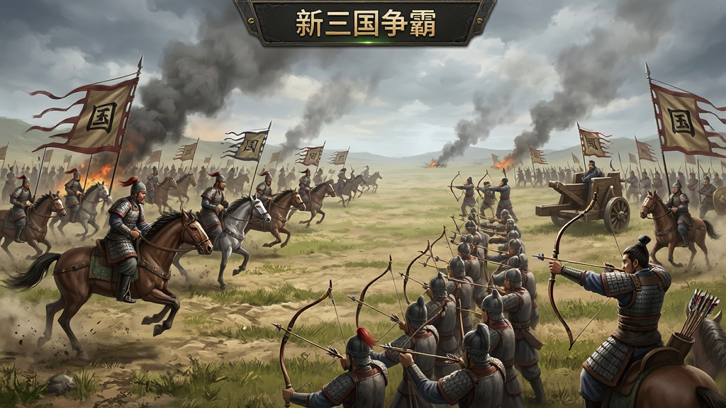 展示“新三国争霸”国战场景,画面中两支军队在旷野上激烈交战,有骑兵冲锋、步兵列阵、弓箭手齐射,战场上有飘扬的旗帜和冲车,天空硝烟弥漫,风格为写实战争题材游戏原画,构图宏大,动感十足,画质清晰,干净无多余元素