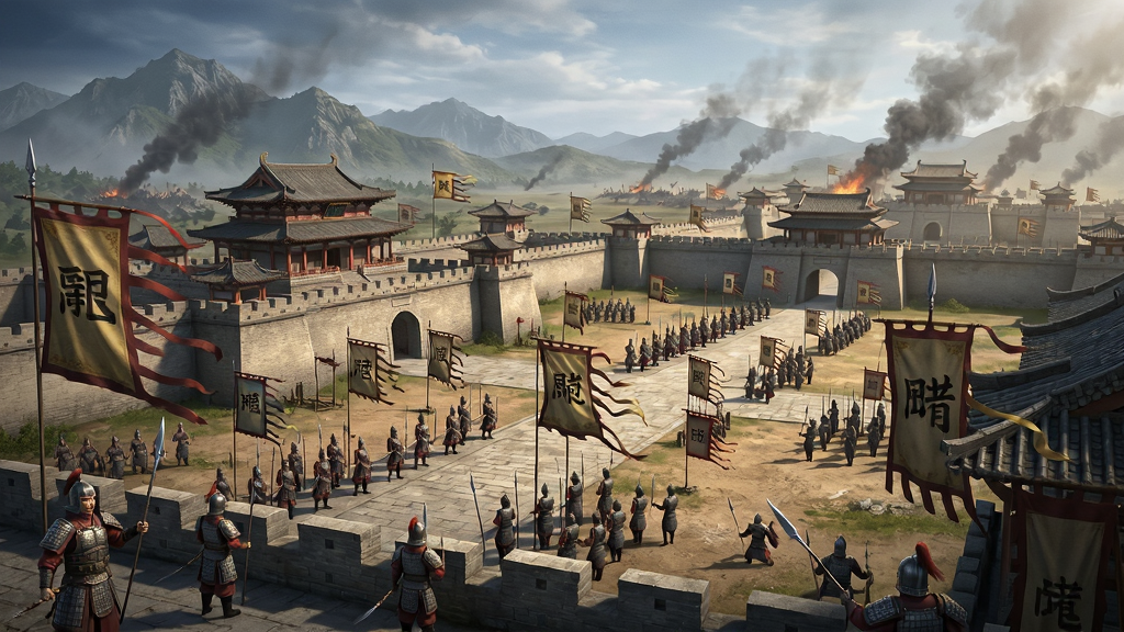 画面以“新三国争霸”游戏主城为背景,展现一座宏伟的古代中式都城,城内旗帜飘扬,有士兵列队巡逻,远处是连绵的群山和战场硝烟,整体风格为写实风格游戏原画,布局饱满,色彩厚重,细节丰富,画质高清,干净无多余元素
