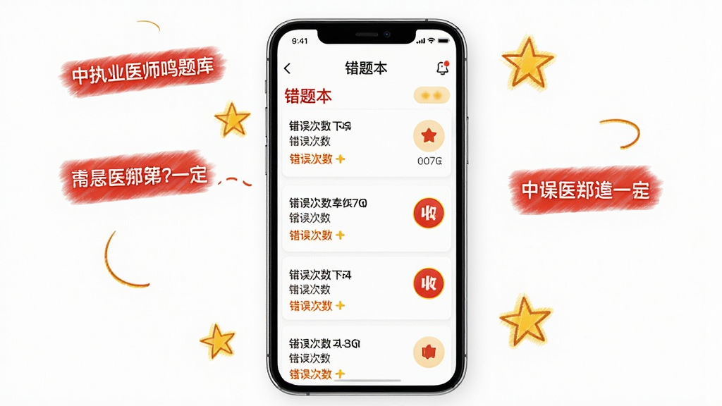 主体:中医执业医师鸣题库的错题本界面,屏幕上显示“错题本”和题目列表。布局:手机屏幕居中,周围有红色批注、五角星等元素。风格:简约风格,白色背景,红色和黄色点缀。细节:每道错题显示错误次数和收藏按钮。画质:高清,干净,无多余元素。
