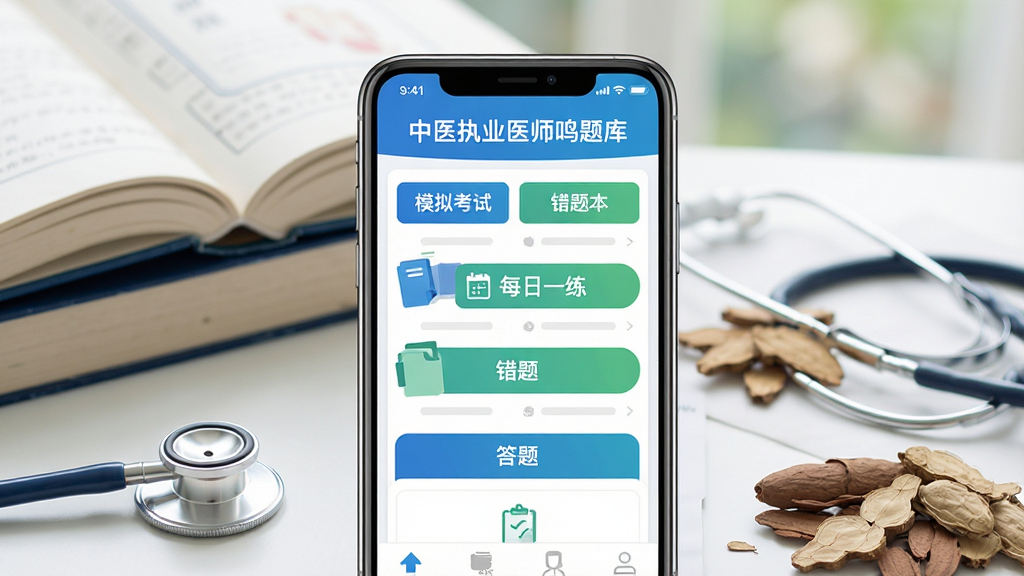 主体:中医执业医师鸣题库软件界面展示,手机屏幕上有“中医执业医师鸣题库”字样和题库列表、答题卡等元素。布局:手机居中,屏幕内容清晰可见,周围有书本、听诊器、中药等中医元素点缀。排版:画面简洁,主体突出。风格:写实结合扁平化,色彩明亮清新,蓝色和绿色为主色调。细节:手机屏幕显示“模拟考试”、“错题本”、“每日一练”等按钮,背景虚化。画质:高清,干净,无多余元素。