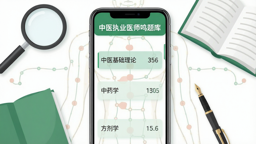 主体:中医执业医师鸣题库的题库列表界面,屏幕上显示“中医执业医师鸣题库”和各类科目名称如“中医基础理论”、“中药学”、“方剂学”。布局:手机屏幕占据画面中心,周围有放大镜、书本、笔等学习元素。排版:列表式布局,清晰直观。风格:扁平化设计,绿色和白色为主。细节:每个科目右侧显示题目数量,背景有淡淡的中医经络图。画质:高清,干净,无多余元素。