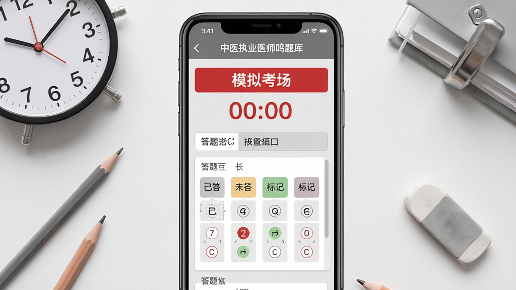 主体:中医执业医师鸣题库的模拟考试界面,屏幕上显示“模拟考场”和倒计时、答题卡等元素。布局:手机屏幕居中,周围有时钟、铅笔、橡皮等考试物品。排版:简洁正式,与真实考试界面相似。风格:写实风格,灰色和白色为主,红色强调。细节:答题卡上显示已答、未答、标记状态。画质:高清,干净,无多余元素。