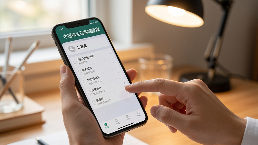 主体:用户正在使用中医执业医师鸣题库手机应用,手指点击屏幕上的选项。布局:手机特写,背景是书桌和台灯。风格:写实生活照,暖色调。细节:手机屏幕显示“中医执业医师鸣题库”和答案选项。画质:高清,自然光,干净。