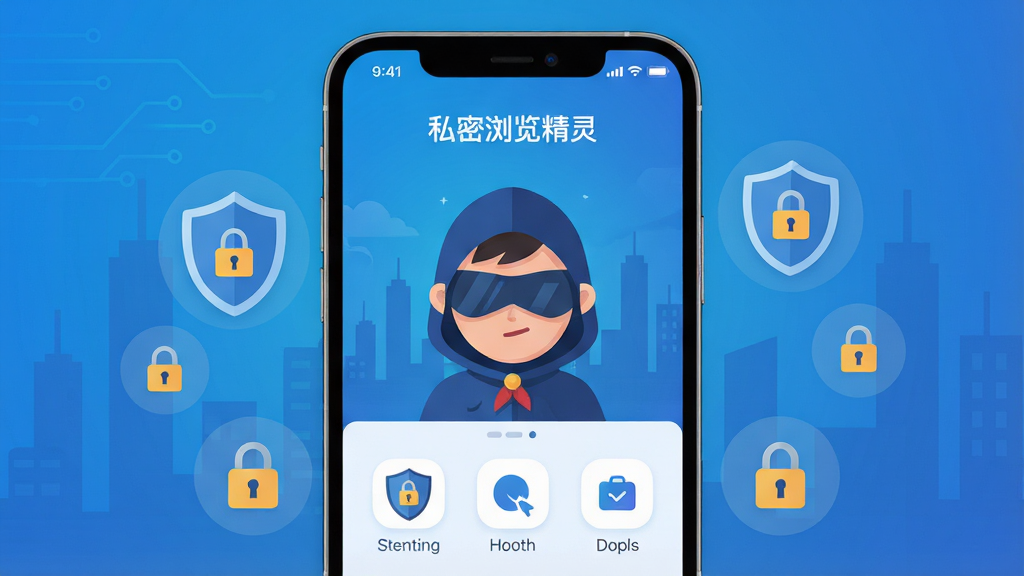 主体:私密浏览精灵软件界面,手机屏幕显示隐身侠客形象,周围有盾牌与锁图标;布局:居中构图,手机位于画面中央,背景为渐变色科技蓝;排版:简洁,界面图标清晰排列;风格:扁平化插画风,现代感;细节:手机屏幕上有“私密浏览精灵”字样,背景有淡淡的城市剪影;画质:高清,干净,无多余元素