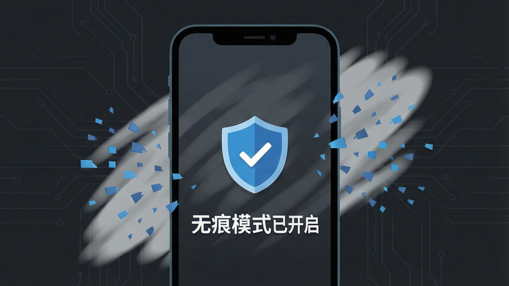 主体:私密浏览精灵的无痕浏览模式示意,手机屏幕显示“无痕模式已开启”,背景有擦除痕迹的动态效果;布局:手机居中,左右对称,背景为深灰色科技线条;排版:文字醒目,图标简洁;风格:科技感扁平插画;细节:屏幕上有盾牌与对勾图标,周围有数据碎片消散效果;画质:高清,干净,无多余元素