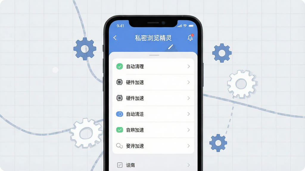 主体:私密浏览精灵使用指南示意图,手机屏幕显示设置菜单,有“自动清理”、“硬件加速”等选项;布局:手机居中,背景为浅灰色网格;排版:菜单列表清晰;风格:扁平化,简洁;细节:屏幕上有“私密浏览精灵”字样,周围有齿轮图标;画质:高清,干净,无多余元素