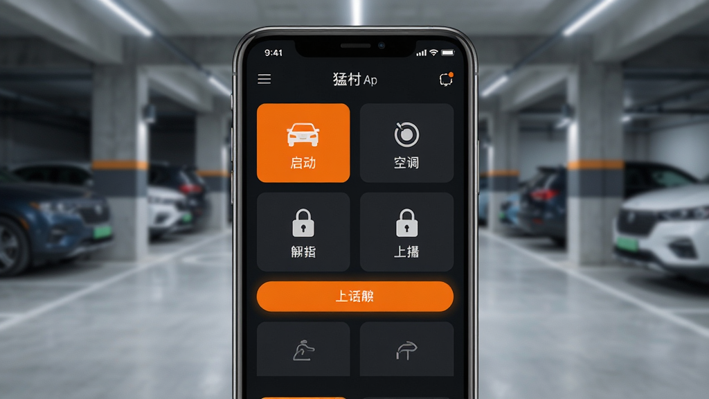 图片主体为一部智能手机屏幕显示猛士汽车App远程控制界面,界面内有车辆启动、空调开关、解锁上锁等图标。布局上,手机位于画面中央,背景为模糊的现代化停车场,突出手机界面的清晰。排版方面,界面图标排列整齐,色彩以深色为主,辅以亮橙色高亮按钮。风格为扁平化UI设计展示,细节清晰,界面元素精准。画质为高清,无多余元素,简洁明了。