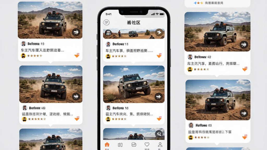 图片主体为猛士汽车App社区页面的展示,屏幕上显示车主分享的越野照片与评论。布局为瀑布流式卡片排列,背景为浅灰色,突出内容。排版整齐,每张卡片包含图片与文字描述。风格为现代社交App界面,色彩明快,细节丰富。画质为高清,无多余元素,体现社区活跃度。