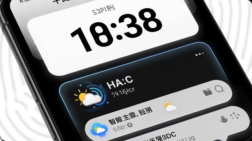 主体:手机息屏界面显示光氪锁屏的智能信息面板。布局:屏幕上方是时间,下方是天气图标和通知列表。排版:所有信息以简洁的卡片式排列,边缘有微光勾勒。风格:简洁、现代、高对比度。细节:时间字体粗大清晰,天气图标带有动态动画,通知气泡圆润。画质:高清,干净,无多余元素。