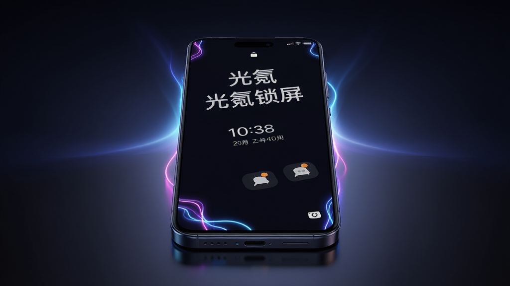 主体:一部现代智能手机平放在桌面,屏幕处于息屏状态但显示着光氪锁屏的界面。布局:手机居中,背景为深色渐变,光线从屏幕边缘向外散发。排版:屏幕上显示“光氪锁屏”四个大字,下方是时间、日期和通知图标。风格:科技感、炫酷、高清渲染。细节:屏幕边缘有流动的霓虹光效,光线反射在桌面上。画质:8K超清,干净,无多余元素。