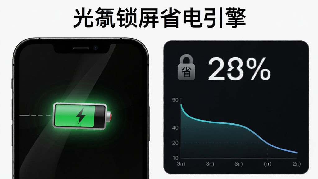 主体:手机电池电量图标与光氪锁屏的省电模式界面。布局:左侧是手机轮廓,右侧是电池电量百分比和耗电曲线图。排版:上方有“光氪锁屏省电引擎”字样。风格:科技感、数据可视化。细节:电池图标带有绿色光晕,曲线图显示耗电平稳下降。画质:高清,干净,无多余元素。