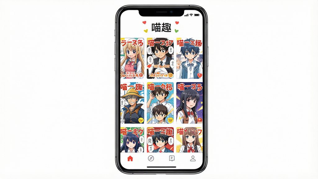 主体:一部智能手机屏幕显示“喵趣”漫画应用界面,界面中有彩色漫画封面网格。布局:手机居中,屏幕内容清晰可见,周围留白。排版:手机屏幕内的漫画封面以九宫格排列,顶部有“喵趣”字样。风格:扁平化现代设计,色彩明快。细节:漫画封面包含日漫、国漫等多种风格,屏幕下方有底部导航栏。画质:高清,干净,无多余元素。