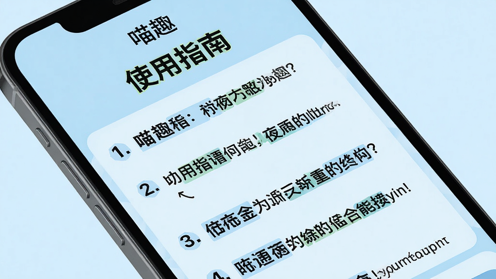 主体:智能手机屏幕显示“喵趣”的“使用指南”页面,有步骤列表。布局:手机倾斜摆放,屏幕清晰。排版:屏幕上有“使用指南”标题,下方条目带数字序号。风格:扁平化,浅蓝背景。细节:条目文字为黑色,部分关键词高亮。画质:高清,干净,无多余元素。