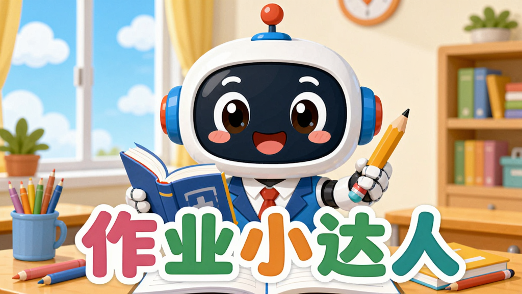 画面主体为“作业小达人”卡通吉祥物形象,一个活泼可爱的机器人老师,手持书本和铅笔,微笑着站在作业本和文具旁。背景是明亮的教室或书房场景,蓝天白云透过窗户。整体布局居中,吉祥物占据视觉中心。排版清晰,突出软件名称“作业小达人”字样,使用圆润的彩色艺术字。风格为扁平化卡通插画,色彩明快鲜艳,细节丰富,画质高清干净,无多余元素。