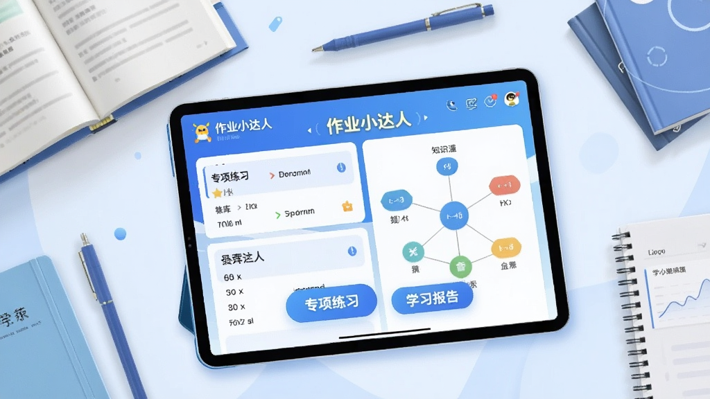 画面主体为打开状态的学习平板电脑,屏幕上展示作业小达人App的题库练习界面,显示各种题型和知识点图谱。平板周围摆放着课本和文具。布局为俯视角度,平板居中。排版上突出“作业小达人”的“专项练习”和“学习报告”按钮。风格为现代科技感插画,蓝色调为主,简洁干净,画质高清,无多余元素。