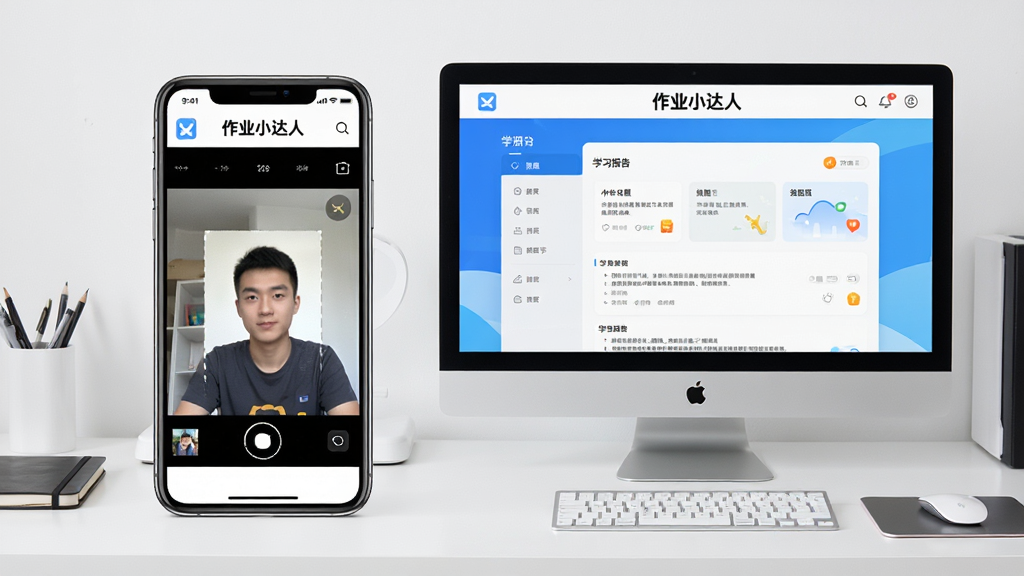 画面主体为手机和电脑并排摆放,屏幕上都显示作业小达人App的界面。手机端显示拍照搜题页面,电脑端显示学习报告页面。背景为简洁的工作台。布局为双屏对比式。排版上,两个屏幕内均清晰显示“作业小达人”名称。风格为现代数码产品展示风格,光线均匀,画质干净,细节清晰,无多余元素。