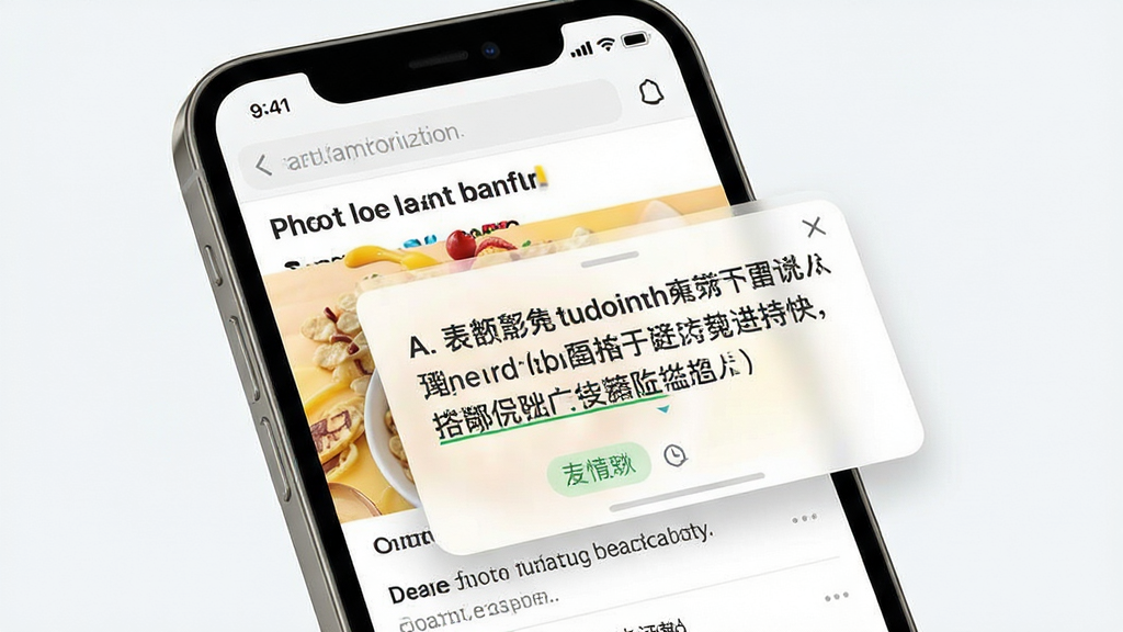一幅展示麦片屏幕翻译应用界面的高清预览图,主体为智能手机屏幕,屏幕上显示英文网页被实时翻译成中文的悬浮窗效果,布局清晰,界面简洁现代,色彩明快,画质细腻,干净无多余元素