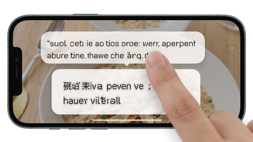 展示麦片屏幕翻译实时划词翻译功能的预览图,主体为手机横屏界面,手指划过一段英文句子,下方弹出悬浮翻译卡片,显示中文释义,布局简洁,排版清爽,风格扁平化,细节精致,画质高清,干净无多余元素